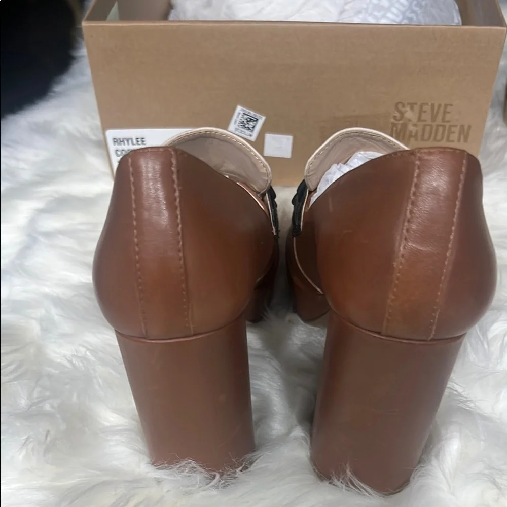 Steve Madden Brown Tan Cream Black Block Heel Loafers platform heels